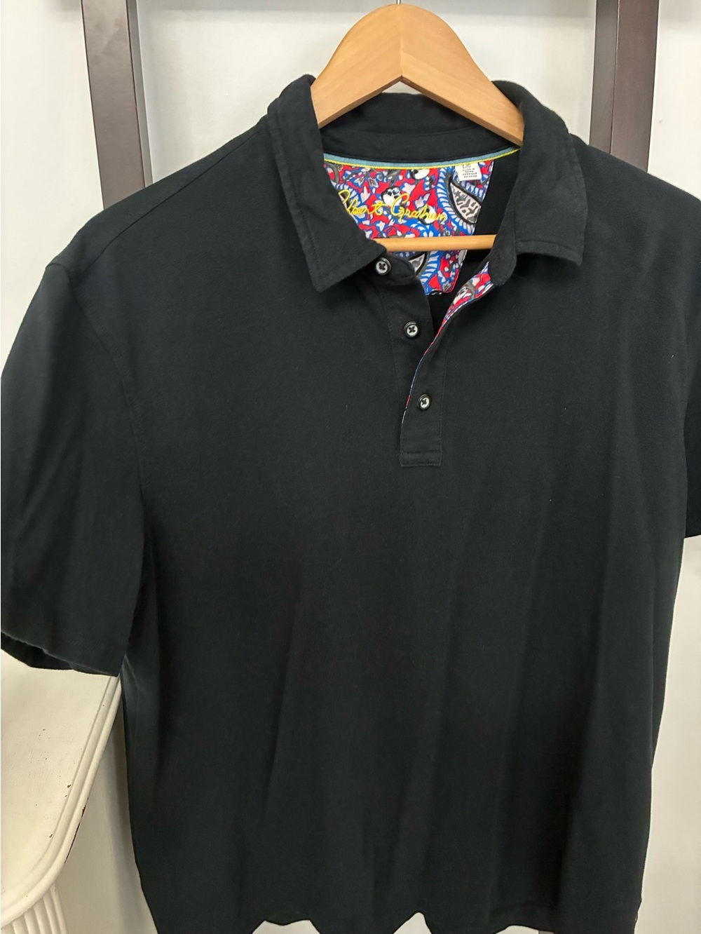 Robert Graham Black Polo Shirt with skull pattern on inside flap. Size L